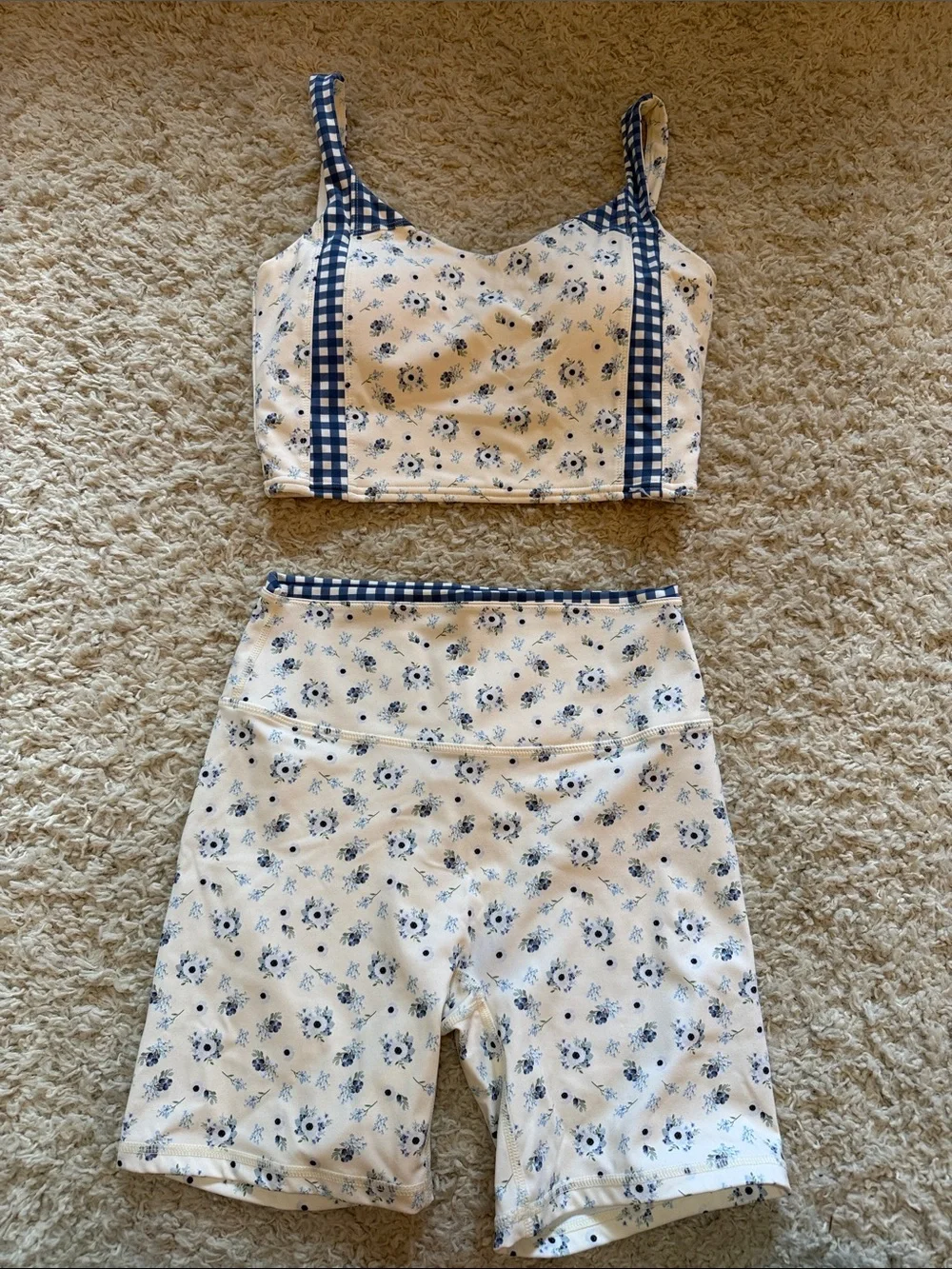 White & Navy Floral Bike Shorts and Crop Top Set